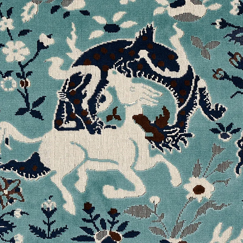 Schumacher Saint Ambrose Velvet in Cadet Blue Animals and flowers Cut and pattern velvets MSRP USD 596/y