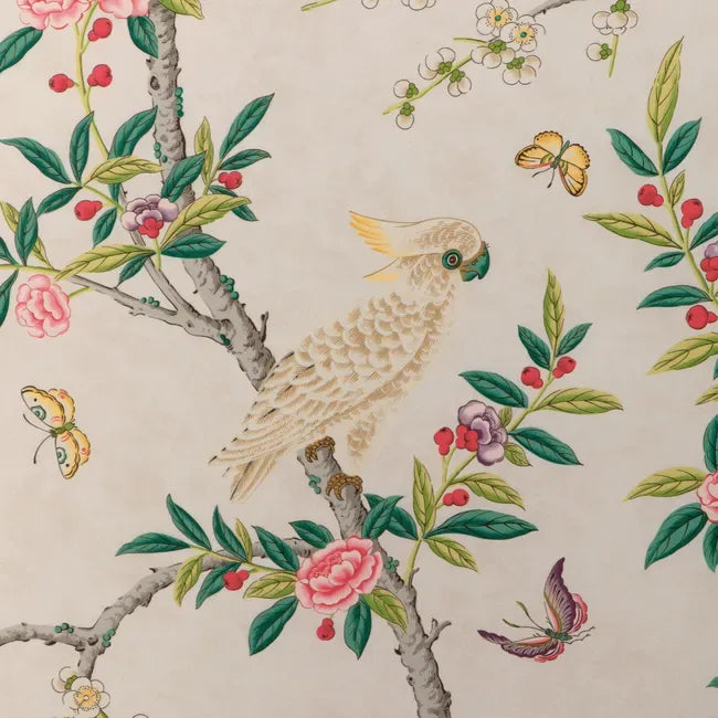 Special Order Brunschwig &amp; Fils Kanchou Print - Multi Green Red on White Cotton Bird Botanical Floral MSRP USD 336/y