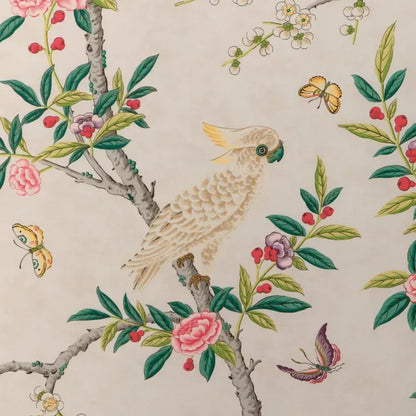 Special Order Brunschwig &amp; Fils Kanchou Print - Multi Green Red on White Cotton Bird Botanical Floral MSRP USD 336/y