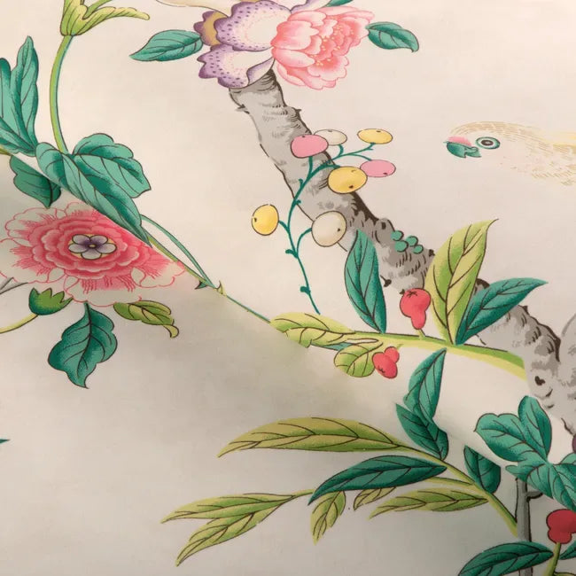 Special Order Brunschwig &amp; Fils Kanchou Print - Multi Green Red on White Cotton Bird Botanical Floral MSRP USD 336/y