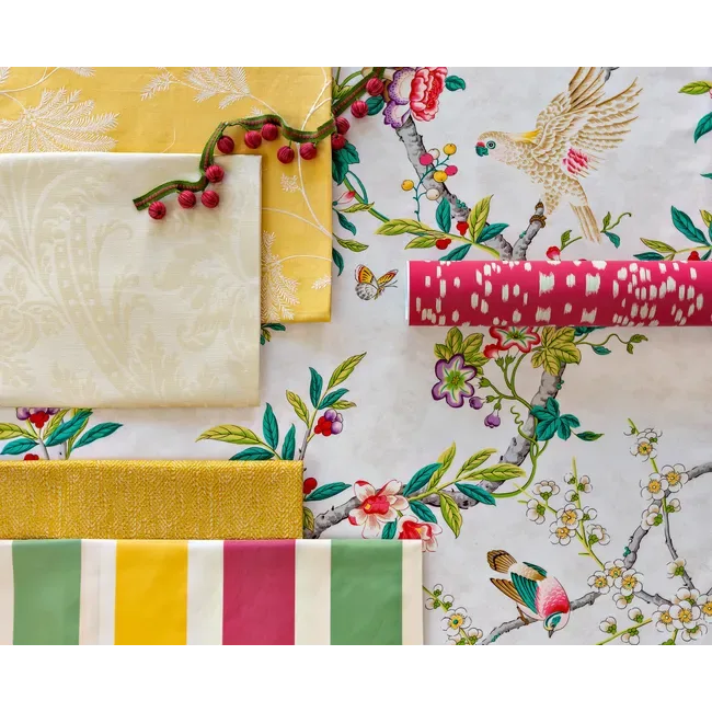 Special Order Brunschwig &amp; Fils Kanchou Print - Multi Green Red on White Cotton Bird Botanical Floral MSRP USD 336/y