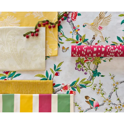 Special Order Brunschwig &amp; Fils Kanchou Print - Multi Green Red on White Cotton Bird Botanical Floral MSRP USD 336/y