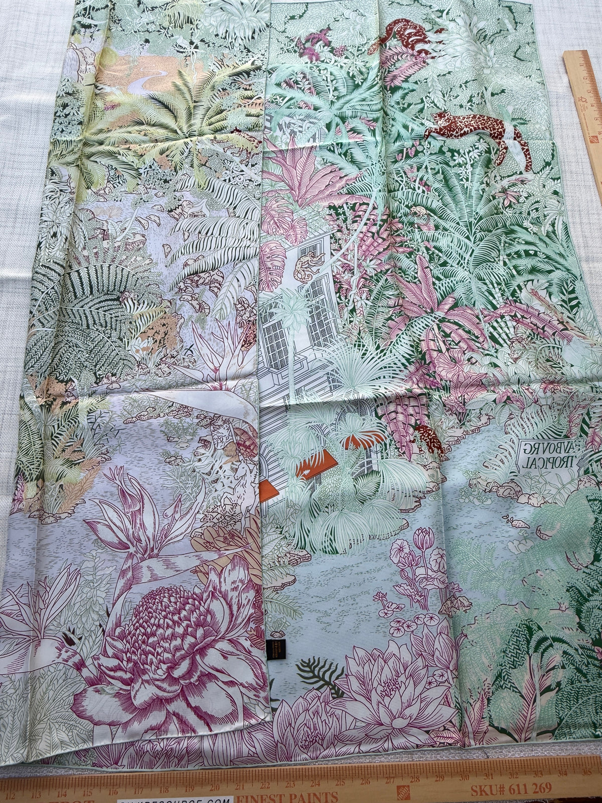 Art Scarf Leopard River Resort Tropical Jungle Waterfall Mint Green Fuschia Pink High End Silk Twill Scarf Double Sided