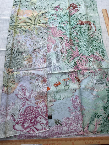 Art Scarf Leopard River Resort Tropical Jungle Waterfall Mint Green Fuschia Pink High End Silk Twill Scarf Double Sided
