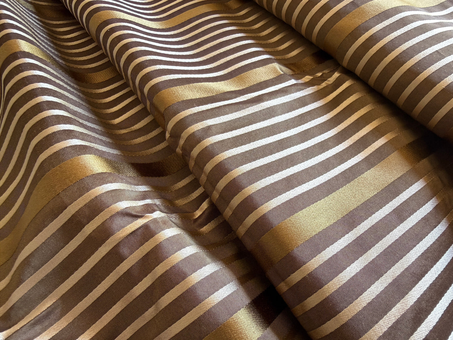 Designer Meadow Brooke Stripe in  Chocolate Brown Light and Antique Gold 100% Silk Satin