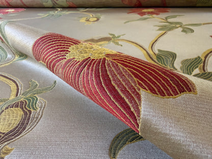Scalamandre Caserta Lampas Silk Wool Pomegranate Lilies Beige Red MSRP USD 496/Y