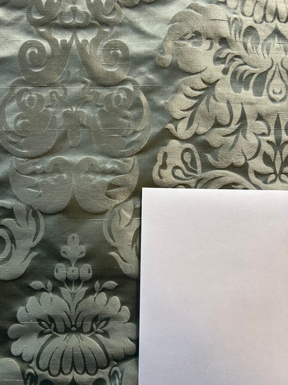 By Yard High End 100% Silk Damask Raw Texture Floral "bijou Blue" Green Blue