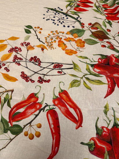 Garnier Thiebaut Piments Doux Caliente Spices and Red Peppers Green Gold Tablecloth 61"x61", Cotton-Linen Blend