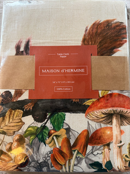 Maison d' Hermine Table Cloth Square Table Reusable 100% Cotton Nature Fall Squirrel Mushroom Acorn Pumpkin Flowers 60x120”