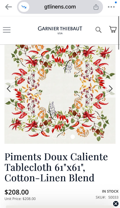 Garnier Thiebaut Piments Doux Caliente Spices and Red Peppers Green Gold Tablecloth 61"x61", Cotton-Linen Blend