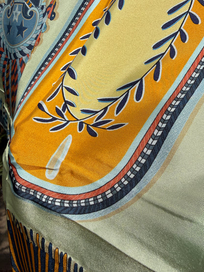 Art Scarf Feather Crest Horse Tribe Equestrian Mint Green High End Silk Twill Scarf Double Sided