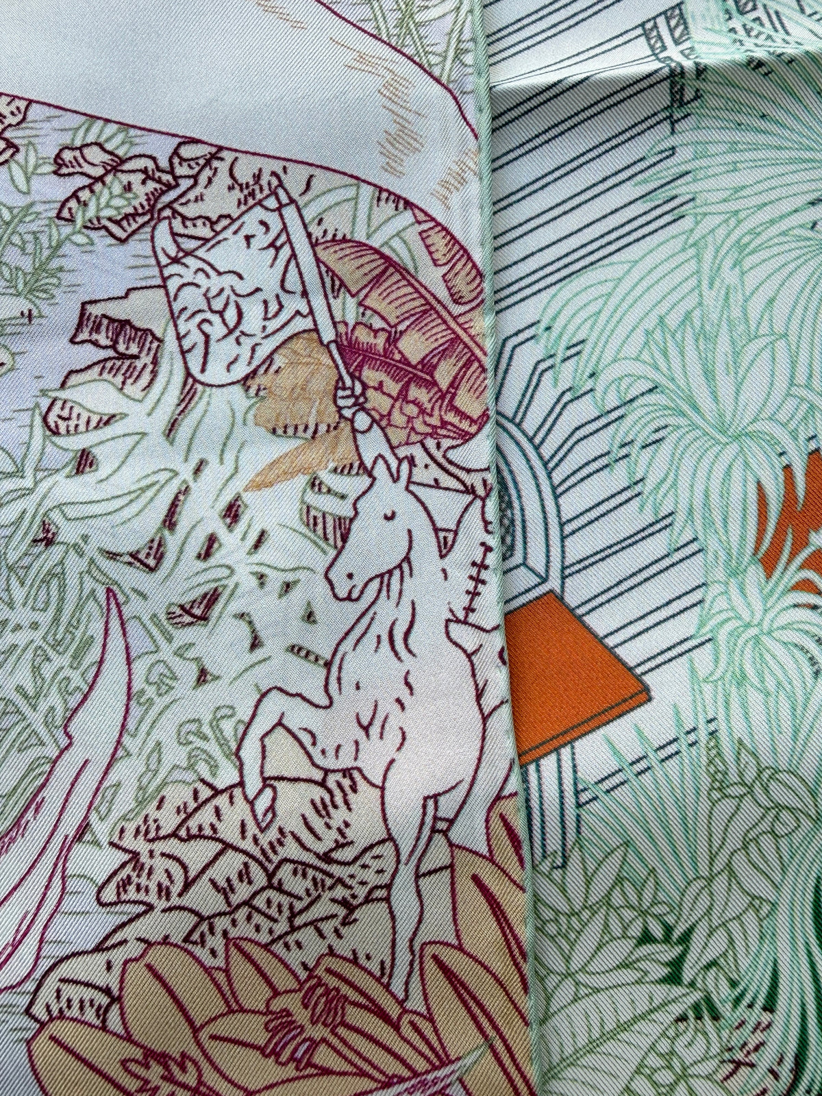 Art Scarf Leopard River Resort Tropical Jungle Waterfall Mint Green Fuschia Pink High End Silk Twill Scarf Double Sided