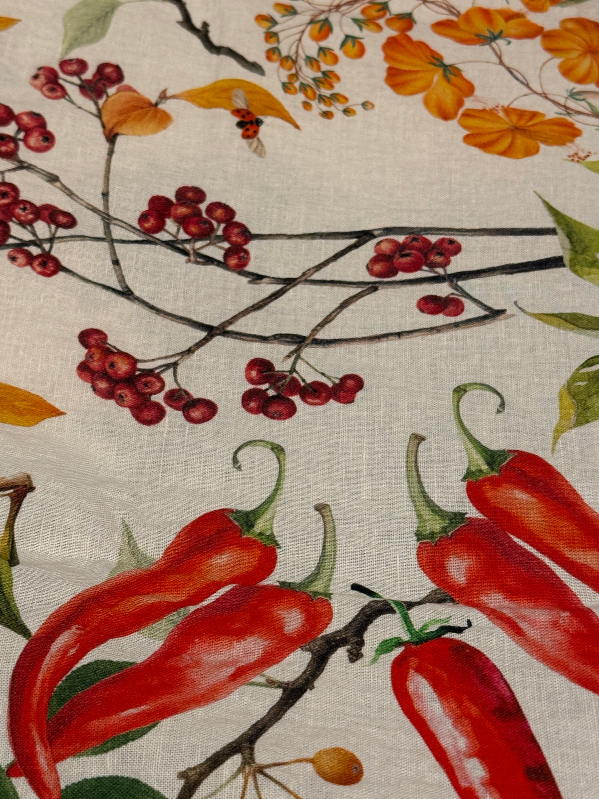Garnier Thiebaut Piments Doux Caliente Spices and Red Peppers Green Gold Tablecloth 61"x61", Cotton-Linen Blend