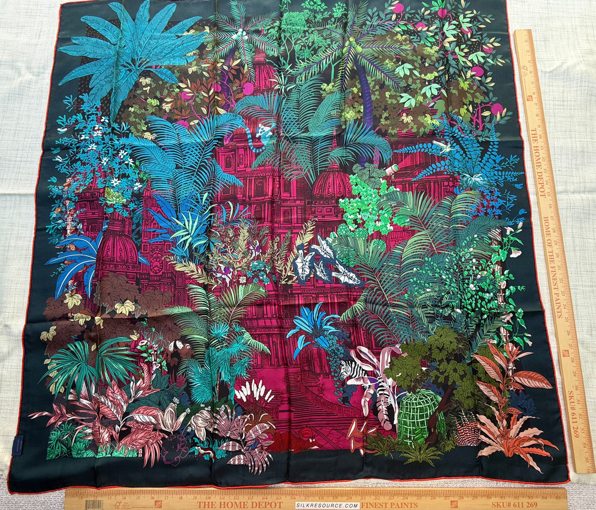 Art Scarf Tropical Resort Jungle Dream Palm Coconut Lemur Zebra Fox Birds Double Sided Purple Red Green High End Silk Twill 41 Inches