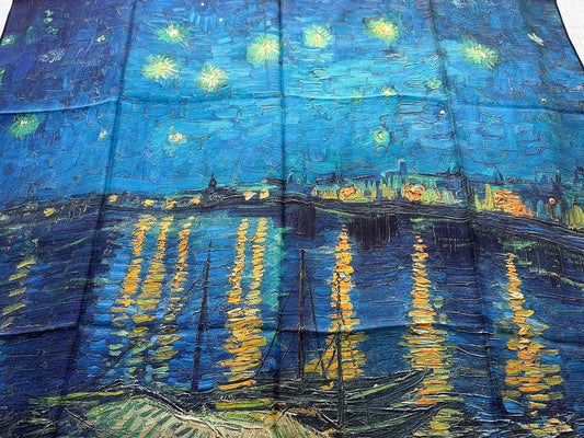 Art Scarf Starry Starry Night Port Harbor Waterfront Couple Van Gogh Emerald Green Blue Double Sided Purple Red Green High End Silk Twill 41 Inches