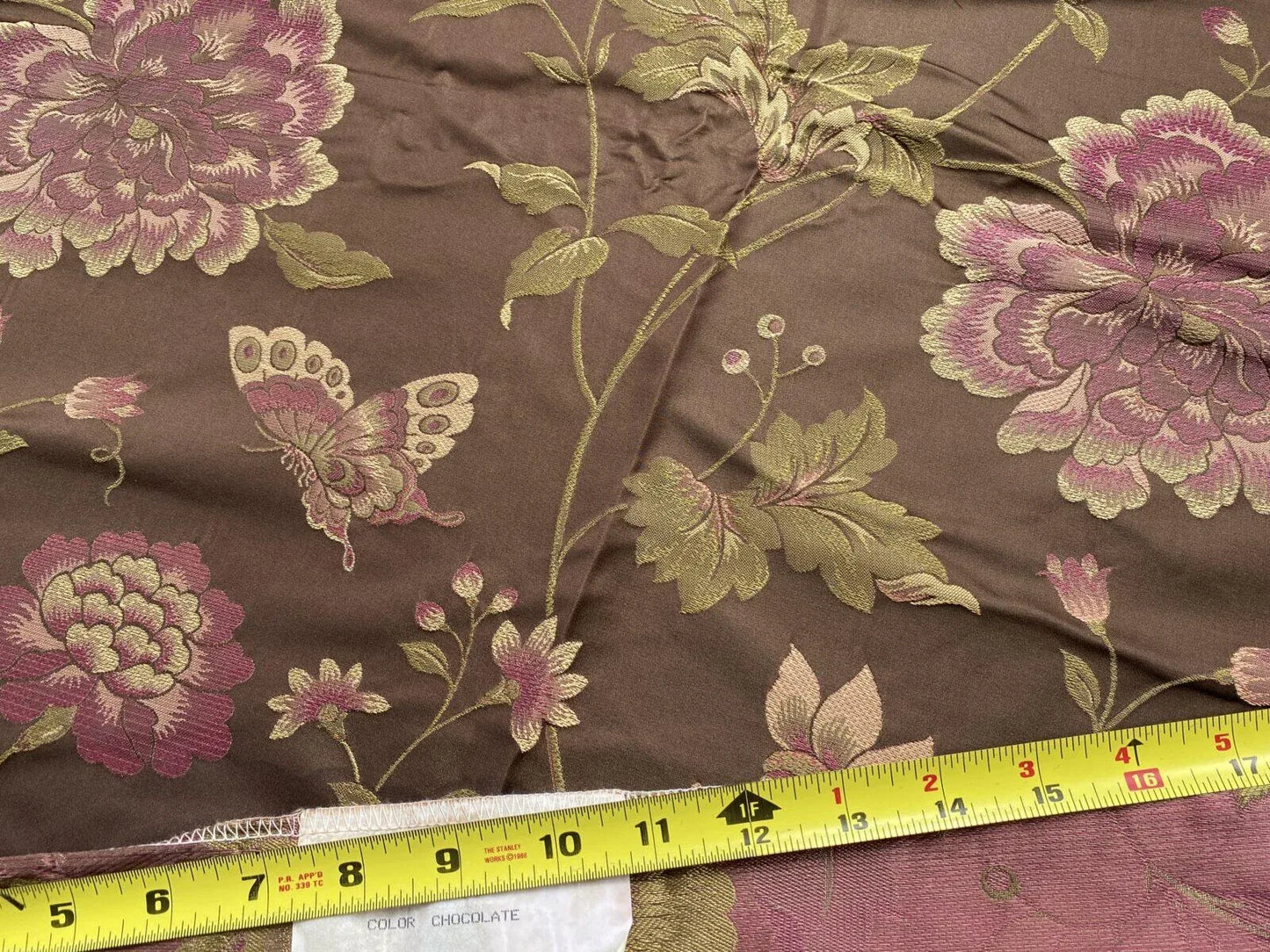 By yard Stunner Chino-asian Pink Peony Butterfly “chocolate" Brown Purple Gold 100% Silk Lampas