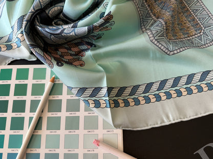 Art Scarf Feather Crest Horse Tribe Equestrian Mint Green High End Silk Twill Scarf Double Sided