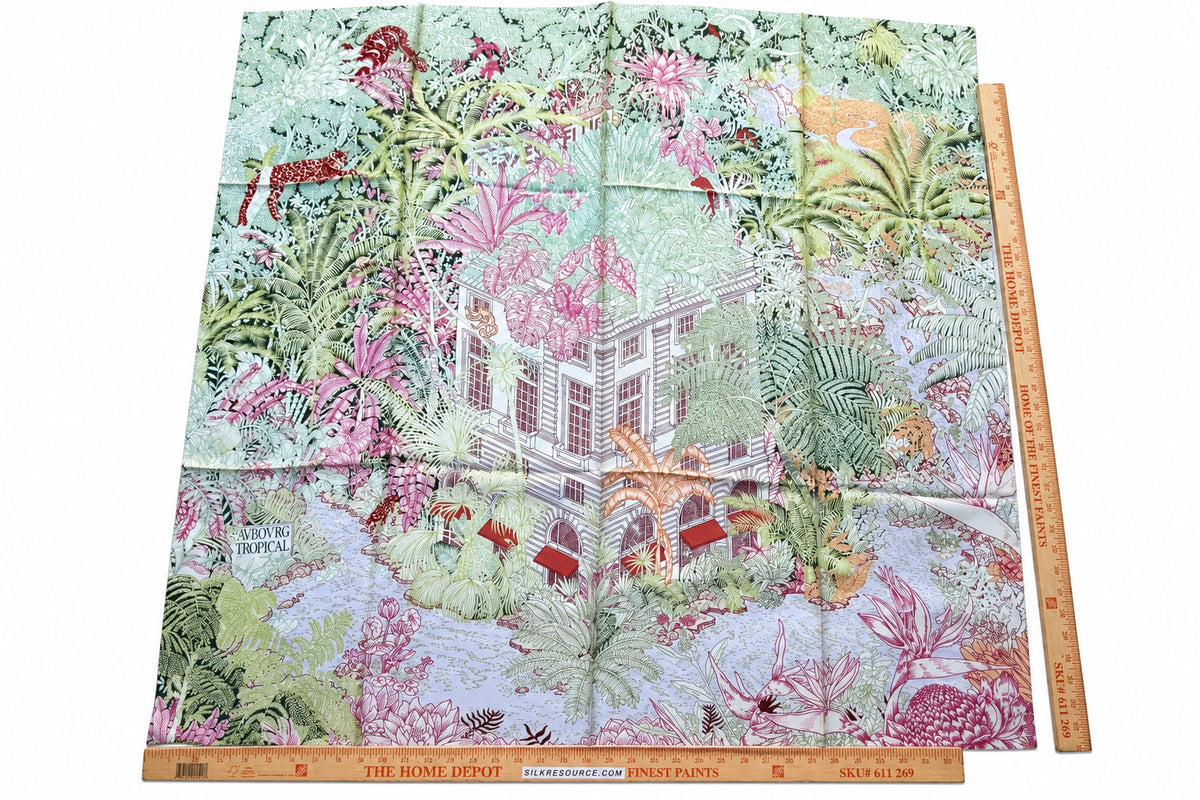 Art Scarf Leopard River Resort Tropical Jungle Waterfall Mint Green Fuschia Pink High End Silk Twill Scarf Double Sided