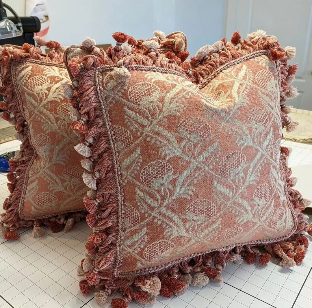 Scalamandre Boutonniere Driftwood Gray Blue Renaissance Small Scale Berry Pomegranate Jacquard Cotton Linen MSRP USD 402/y