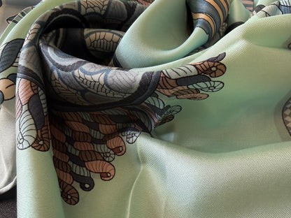Art Scarf Feather Crest Horse Tribe Equestrian Mint Green High End Silk Twill Scarf Double Sided