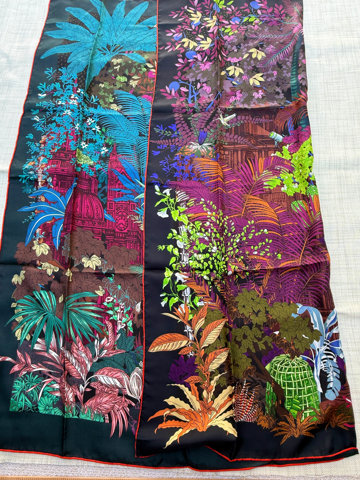 Art Scarf Tropical Resort Jungle Dream Palm Coconut Lemur Zebra Fox Birds Double Sided Purple Red Green High End Silk Twill 41 Inches
