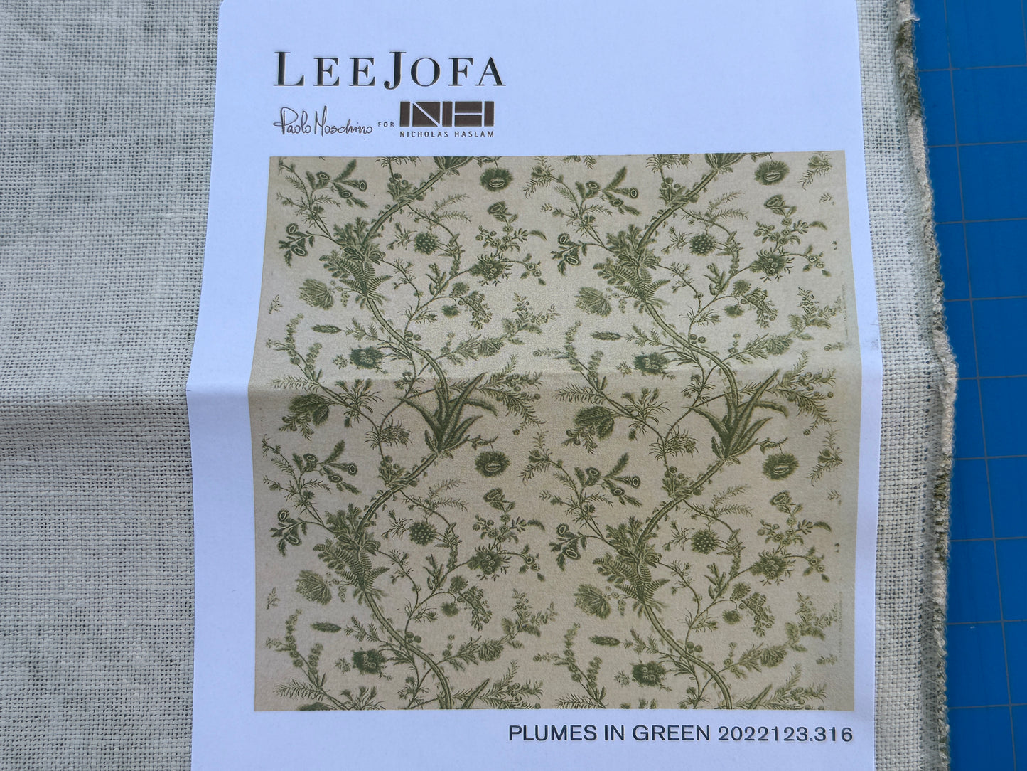 Lee Jofa Kravet Plumes Green Beige Botanical Floral Print 100% Linen - Special order - MSRP USD 556/y
