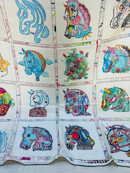 Art Scarf Equestrian Horse and Hobby Horse Biking Cooking Hot-air Balloon Head Modern Collage Salvador Dalí High End Silk Twill Scarf Double Sided