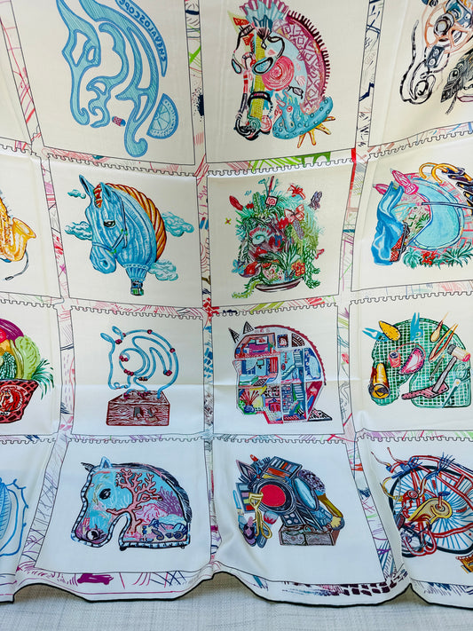 Art Scarf Equestrian Horse and Hobby Horse Biking Cooking Hot-air Balloon Head Modern Collage Salvador Dalí High End Silk Twill Scarf Double Sided