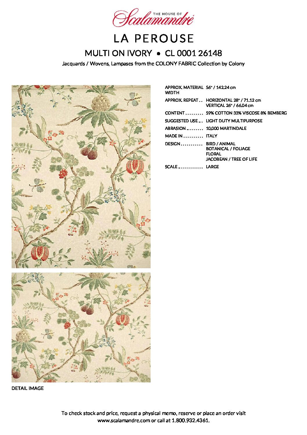 25 Berkbox52 2.4yds Scalamandre Colony La Perouse Multi on Ivory Pomegranate eggplant pineapple Fruits Floral Tree Foliage MSRP USD 578/Y