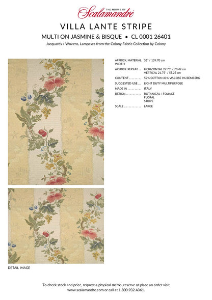 Scalamandre Colony Villa Lante Stripe Multi on Jasmine &amp; Bisque Renaissance ClassicMSRP USD 578