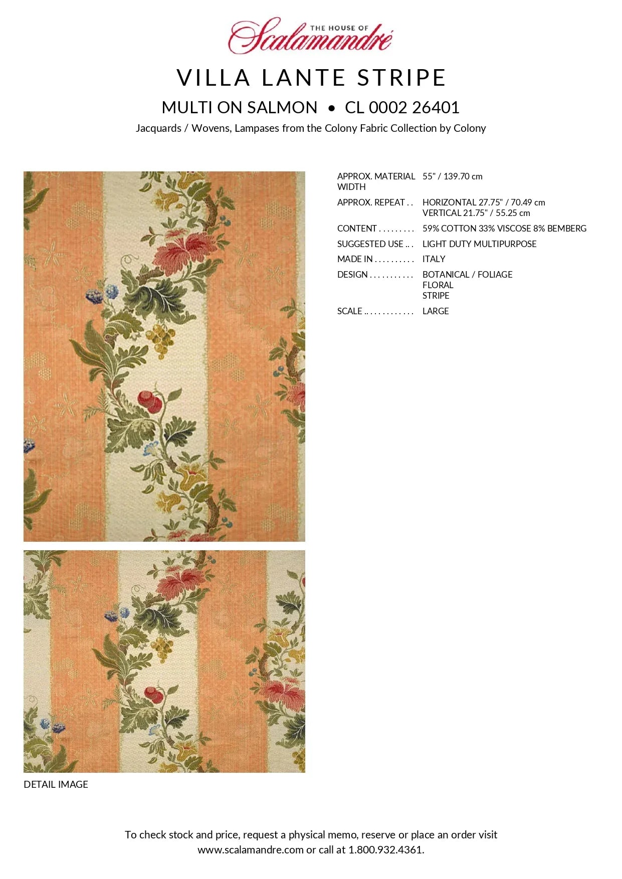 Scalamandre Colony Villa Lante Stripe Multi on Salmon Orange Renaissance Classic MSRP USD 578/y