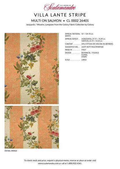 Scalamandre Colony Villa Lante Stripe Multi on Salmon Orange Renaissance Classic MSRP USD 578/y