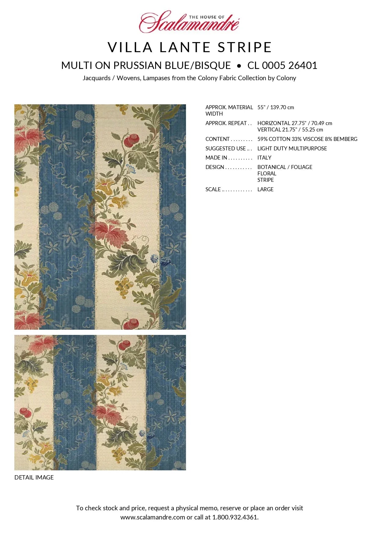Scalamandre Colony Villa Lante Stripe Multi on Prussian Blue and Bisque Renaissance Classic MSRP USD 558/y