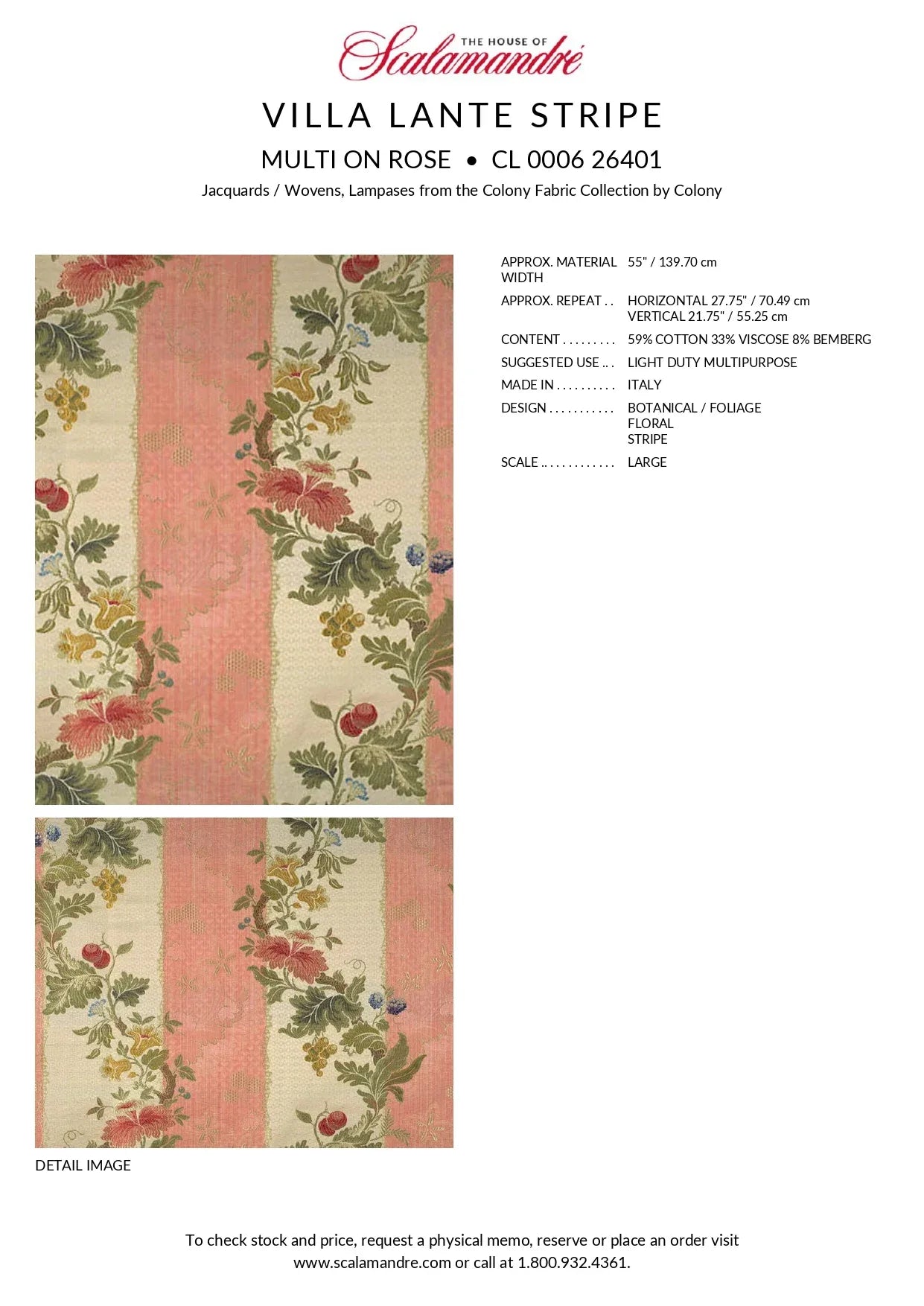 Scalamandre Colony Villa Lante Stripe Multi on Rose Renaissance Classic MSRP USD 578/y