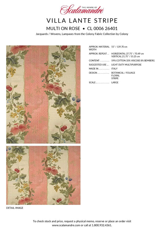 Scalamandre Colony Villa Lante Stripe Multi on Rose Renaissance Classic MSRP USD 578/y