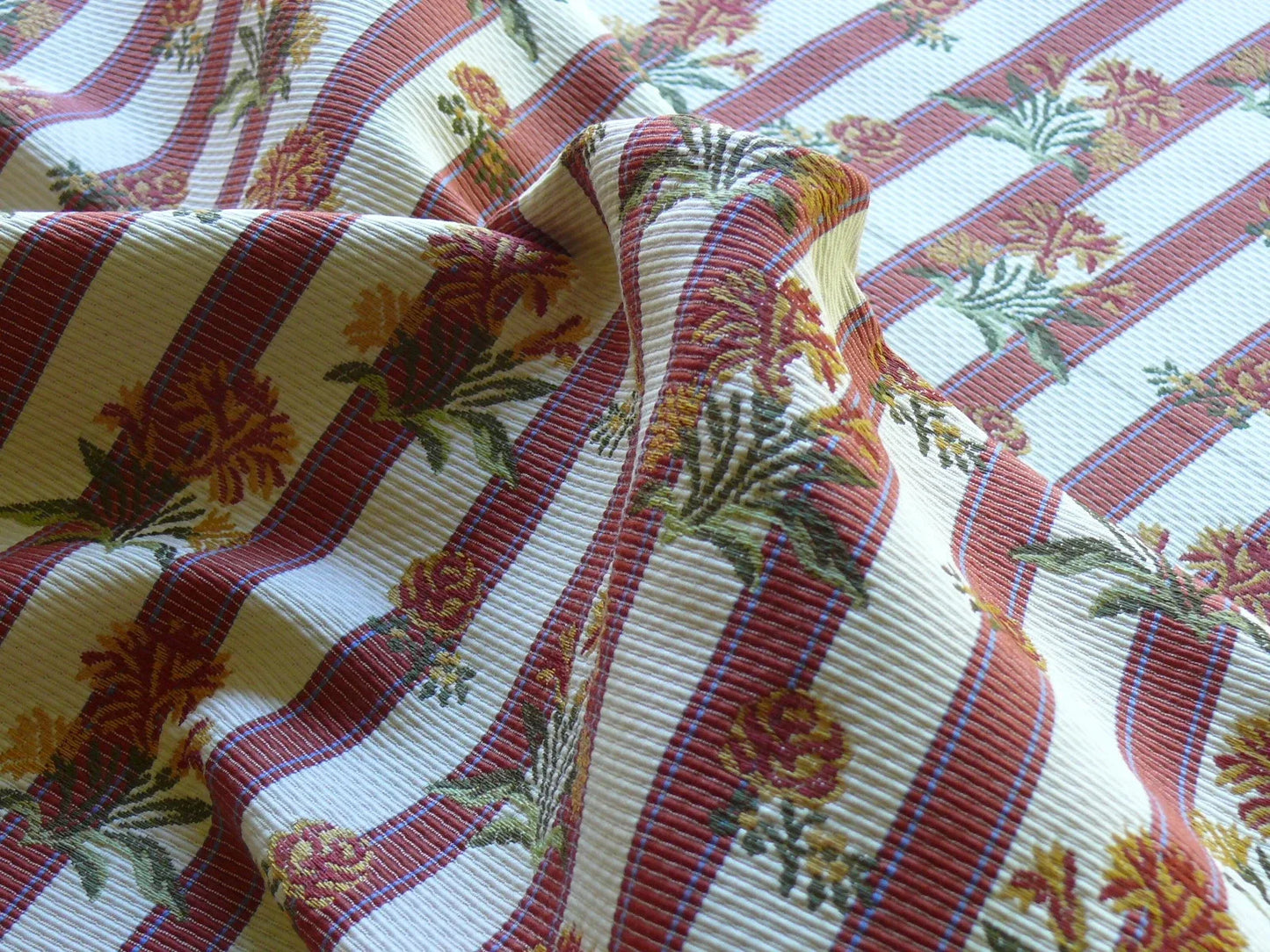 By yard Lee Jofa Caitlin Floral Poppy Lampas Stripe Red Gold MSRP USD 240/y