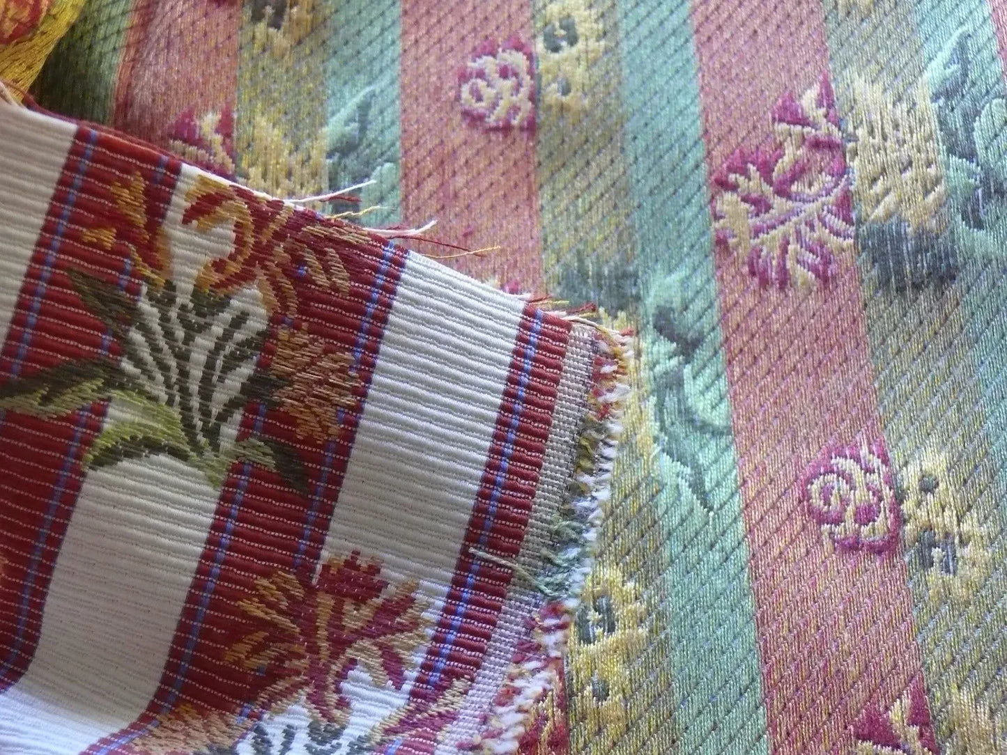 By yard Lee Jofa Caitlin Floral Poppy Lampas Stripe Red Gold MSRP USD 240/y