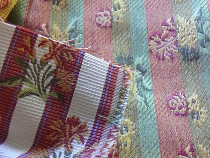 By yard Lee Jofa Caitlin Floral Poppy Lampas Stripe Red Gold MSRP USD 240/y