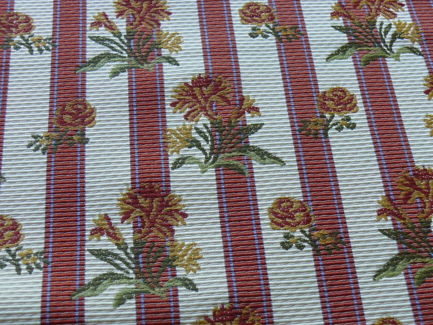 By yard Lee Jofa Caitlin Floral Poppy Lampas Stripe Red Gold MSRP USD 240/y