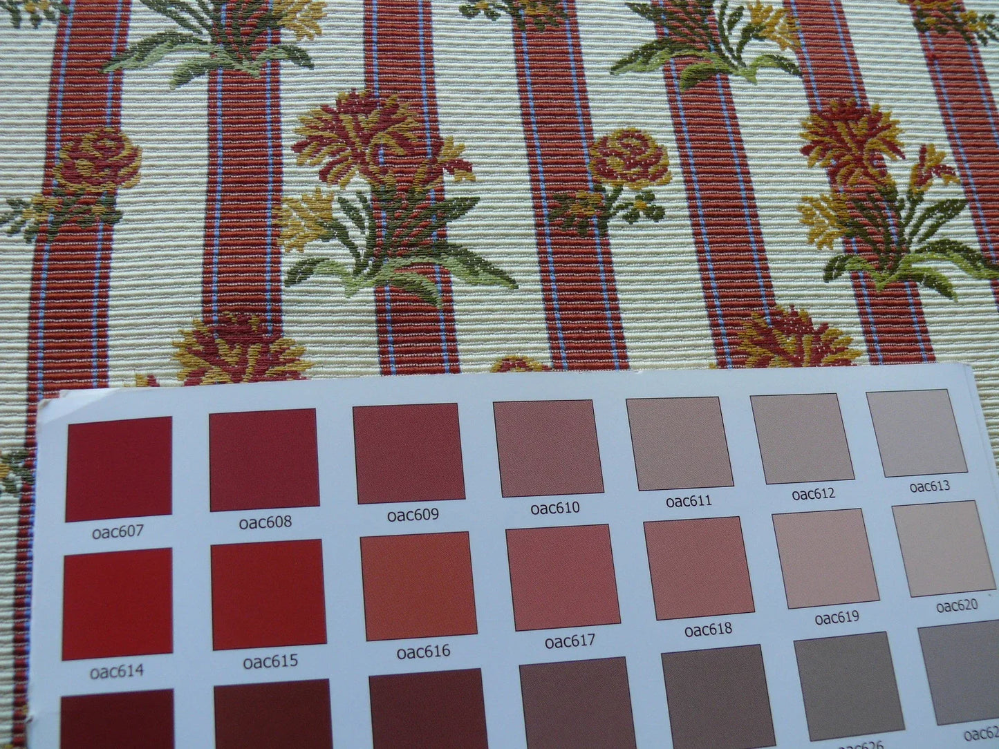 By yard Lee Jofa Caitlin Floral Poppy Lampas Stripe Red Gold MSRP USD 240/y