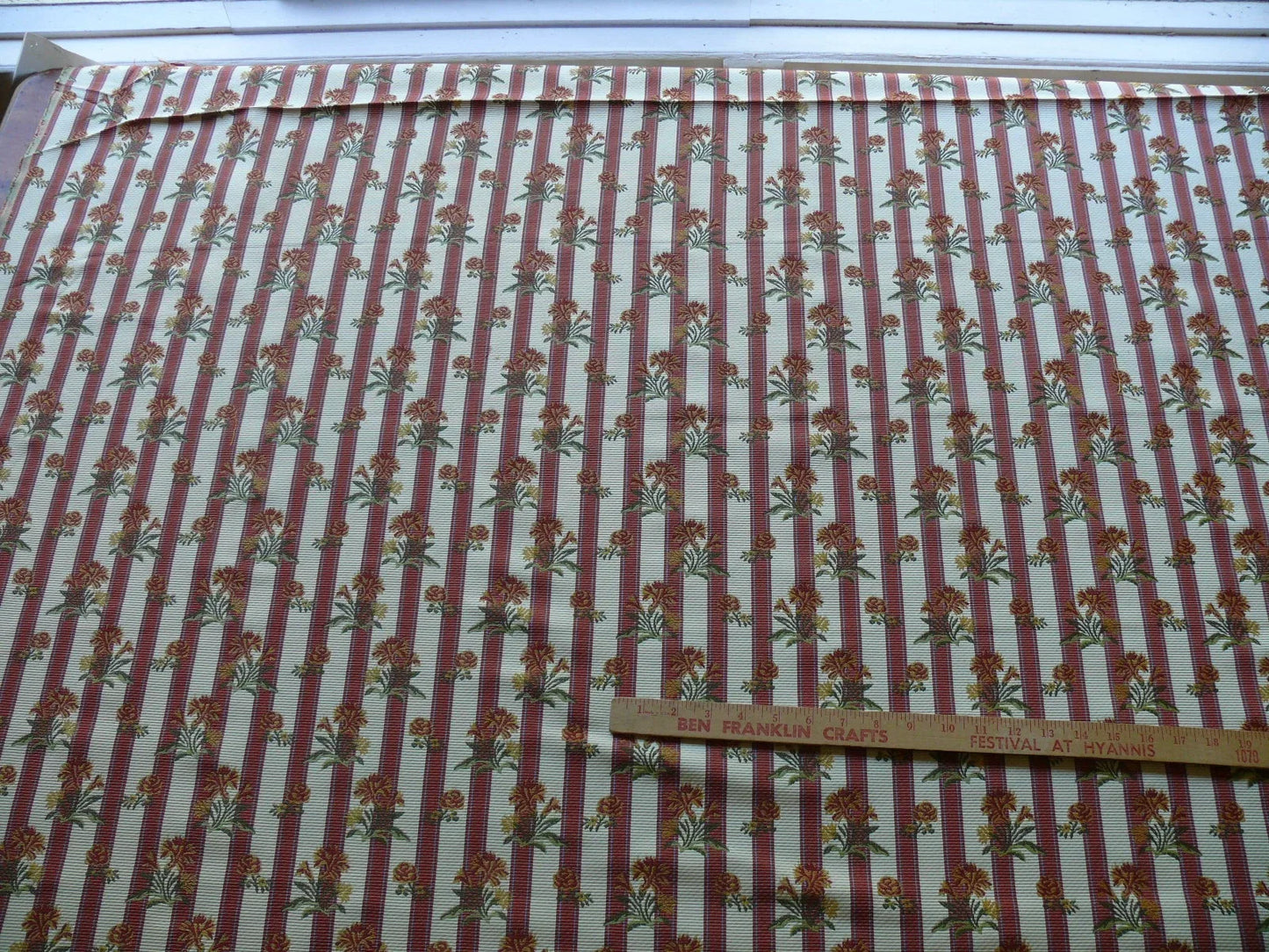 By yard Lee Jofa Caitlin Floral Poppy Lampas Stripe Red Gold MSRP USD 240/y