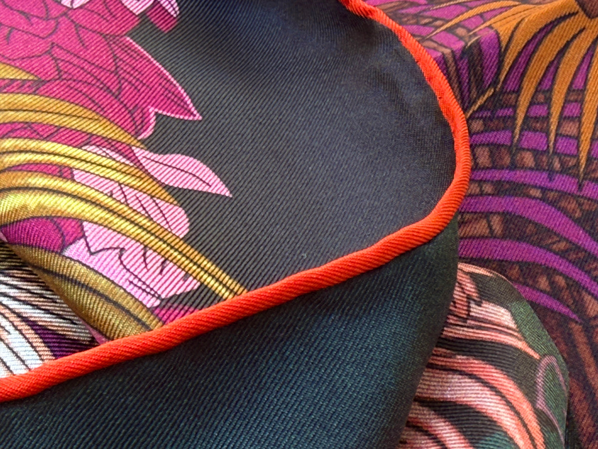 Art Scarf Tropical Resort Jungle Dream Palm Coconut Lemur Zebra Fox Birds Double Sided Purple Red Green High End Silk Twill 41 Inches