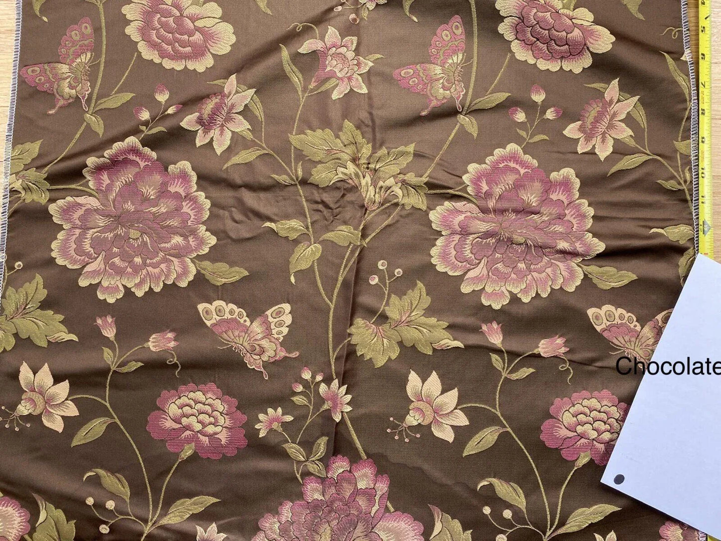 By yard Stunner Chino-asian Pink Peony Butterfly “chocolate" Brown Purple Gold 100% Silk Lampas