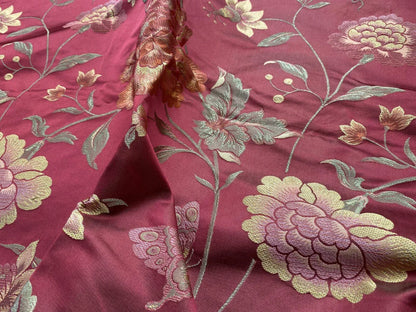 By yard Stunner Chino-asian Pink Peony Butterfly “ruby”  Red Gold Green100% Silk Lampas
