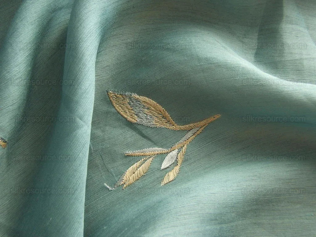 Elitis 100%silk Organza Sheer Teal Blue Gold Embroidery