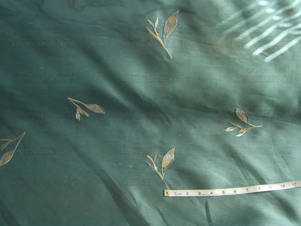 Elitis 100%silk Organza Sheer Teal Blue Gold Embroidery