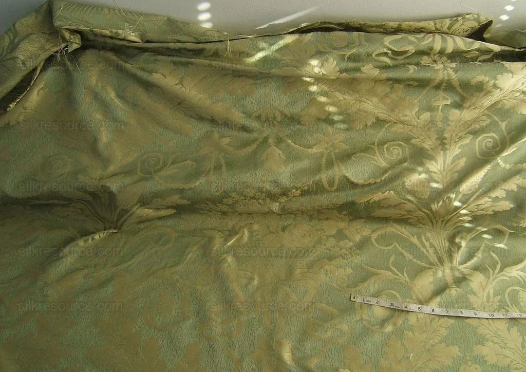 Cowtan &amp; Tout "Dauphin Silk"100% Silk Lampas Baby Green and Ivory Neoclassical Flower Ribbon