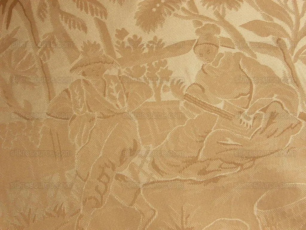 100%silk Damask Oriental Toile Lite Gold Chinoiserie Music