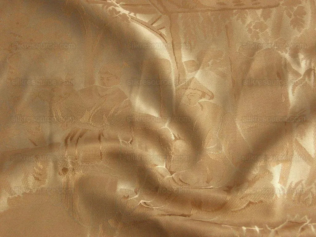100%silk Damask Oriental Toile Lite Gold Chinoiserie Music