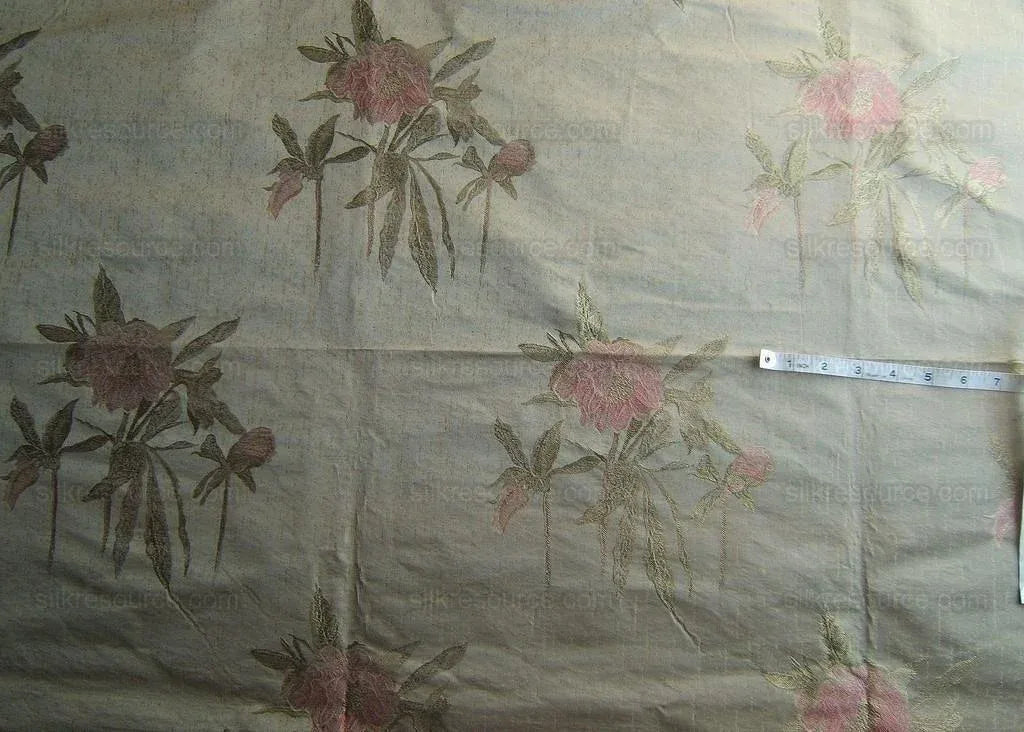 Stunning 100% Silk Lampas Pink Peony In Gold Drizzle Rain